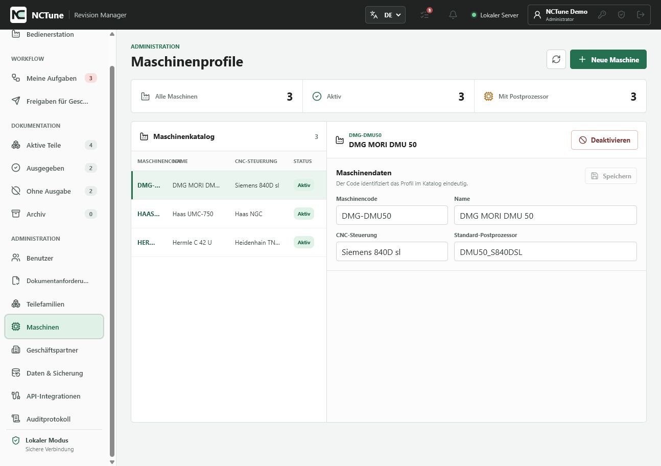 Maschinenprofile mit CNC-Steuerung und Standard-Postprozessor im NCTune Revision Manager