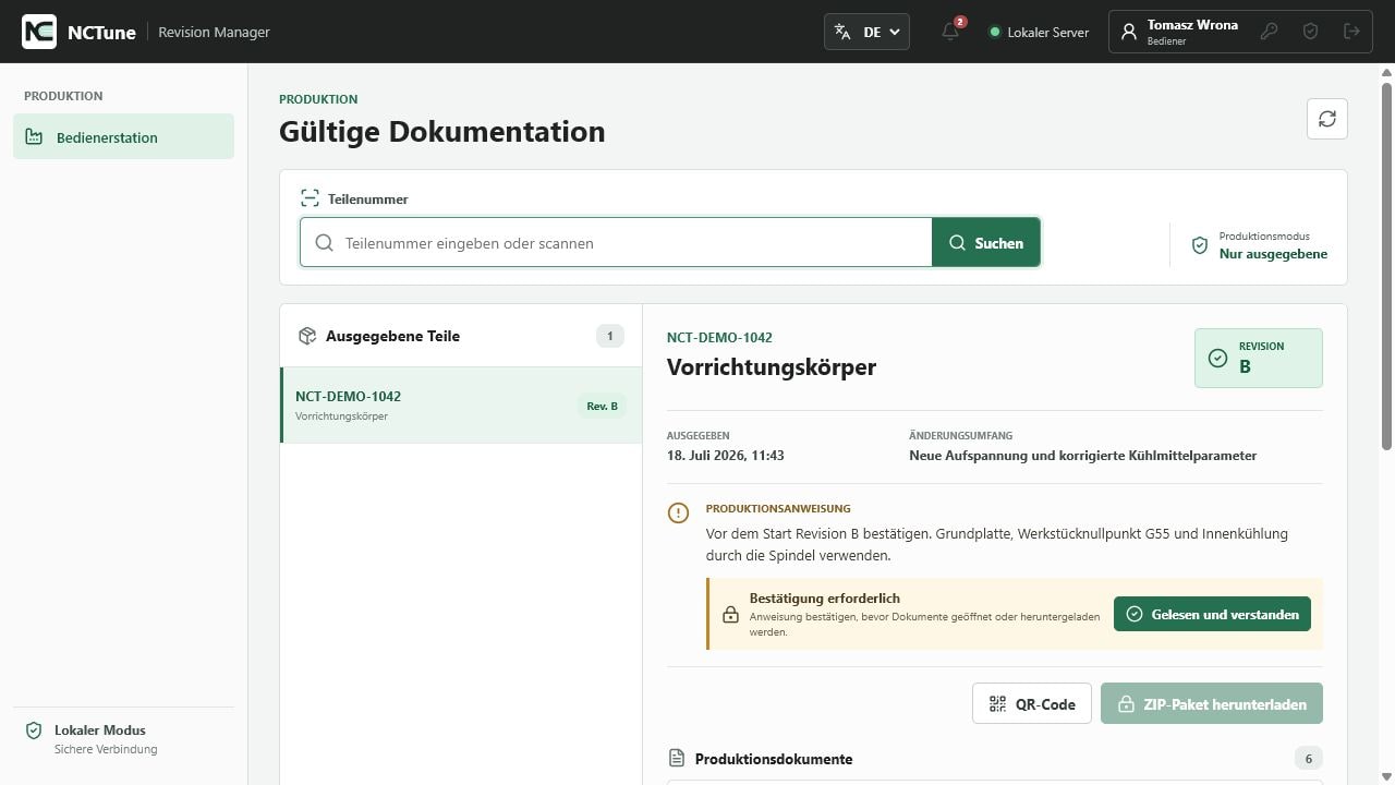 Bedieneransicht mit aktueller Produktionsrevision und erforderlicher Bestätigung