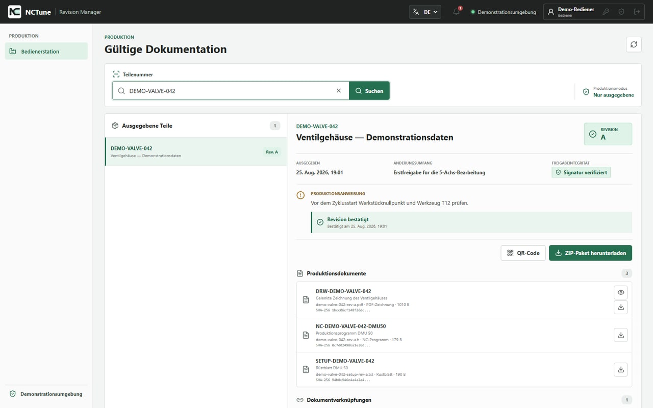Bedienerarbeitsplatz mit aktueller Produktionsfreigabe, Status und dokumentierter Kenntnisnahme