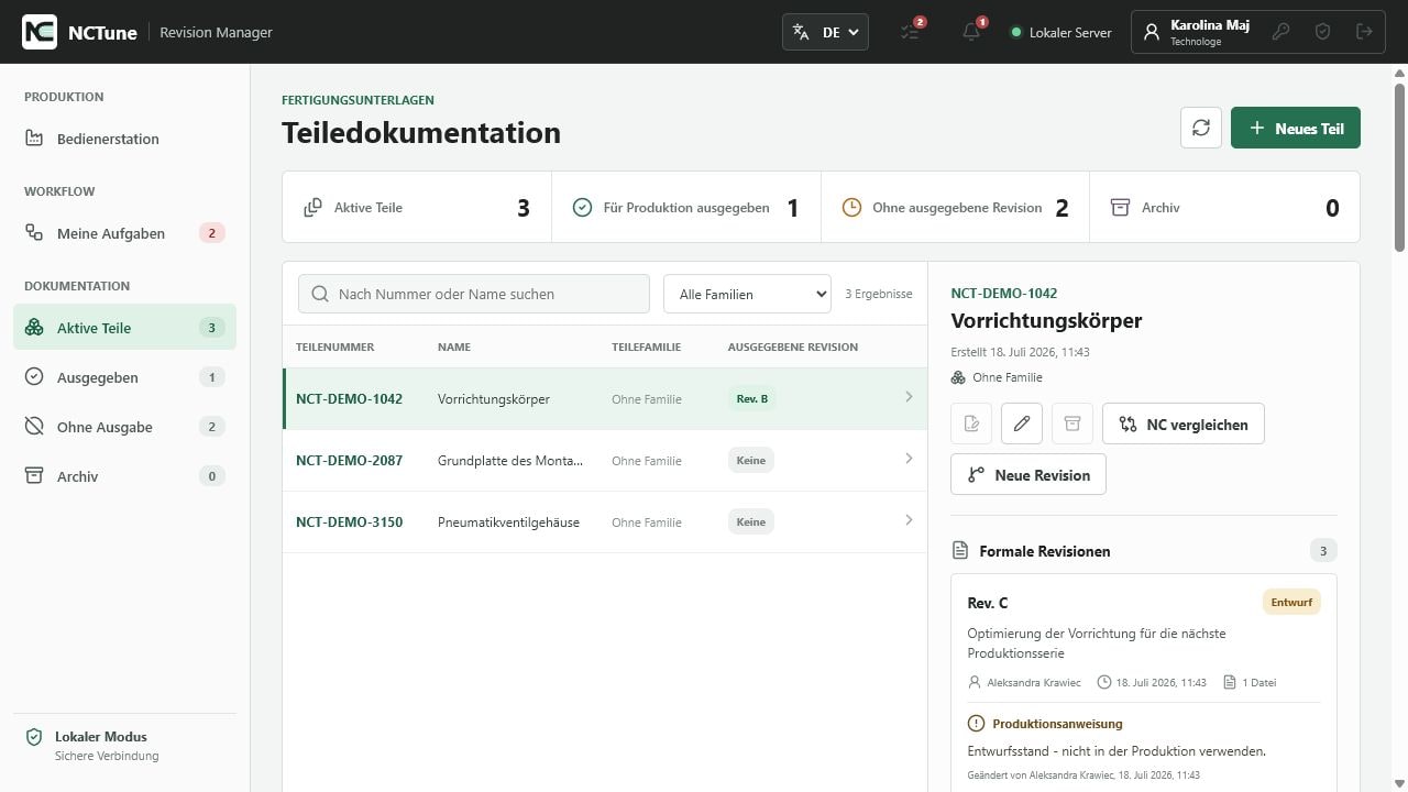 Bauteil- und Revisionsregister im NCTune Revision Manager