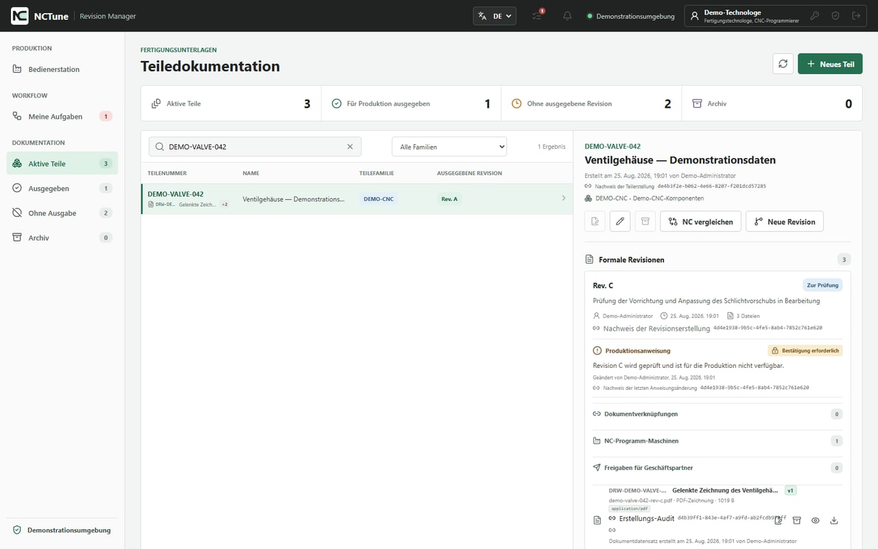 Revision Manager Dashboard mit getrennter Genehmigung und Produktionsfreigabe