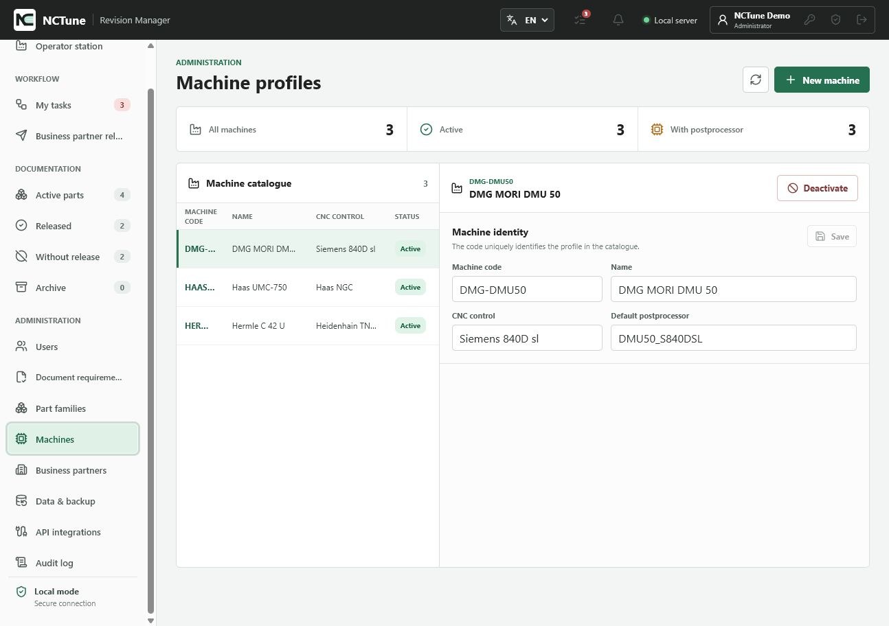 Machine profiles with CNC control type and default postprocessor in NCTune Revision Manager