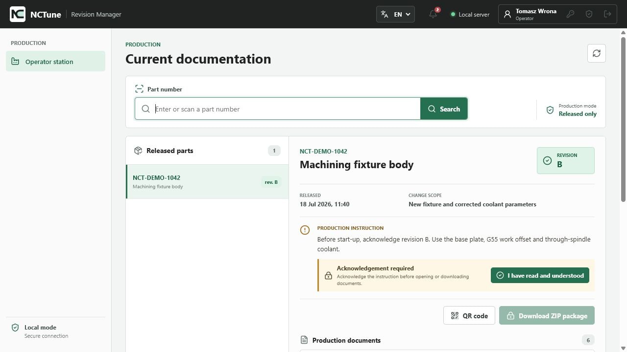 Operator view with the current production revision and required instruction acknowledgement in English