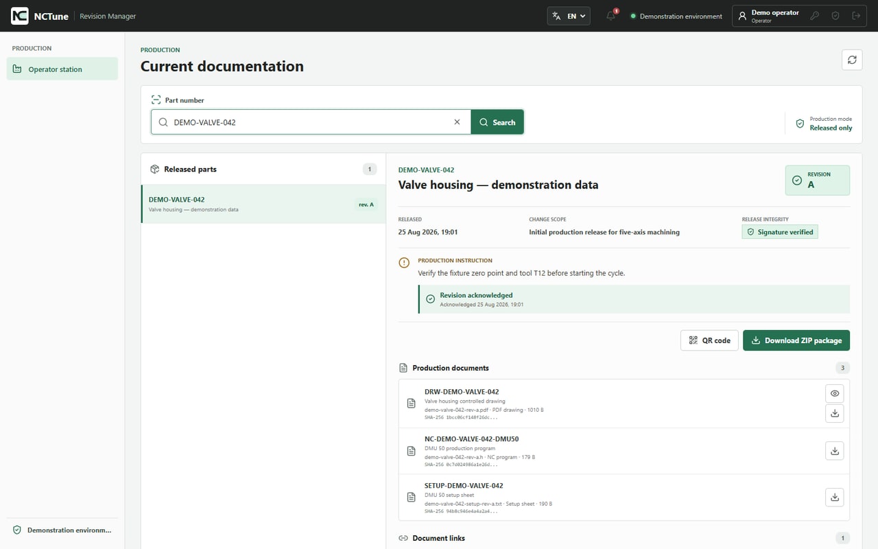 Operator station with the current production release, status and acknowledgement record
