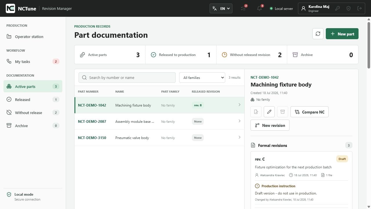Part and revision register in NCTune Revision Manager in English