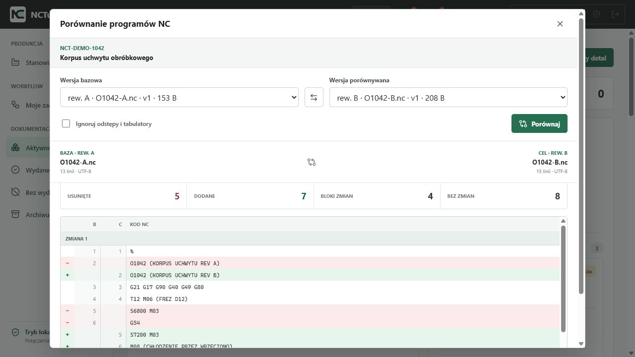 Porównanie dwóch rewizji programu NC z zaznaczonymi zmianami