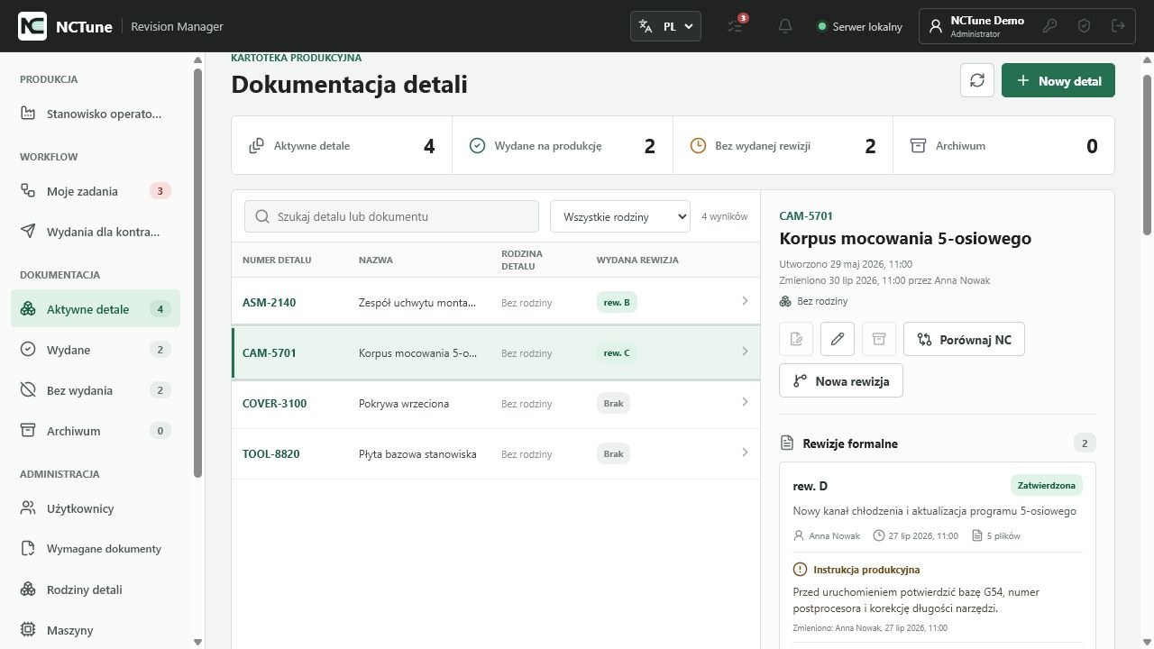 Polski panel zarządzania rewizjami dokumentacji technicznej i programów CNC