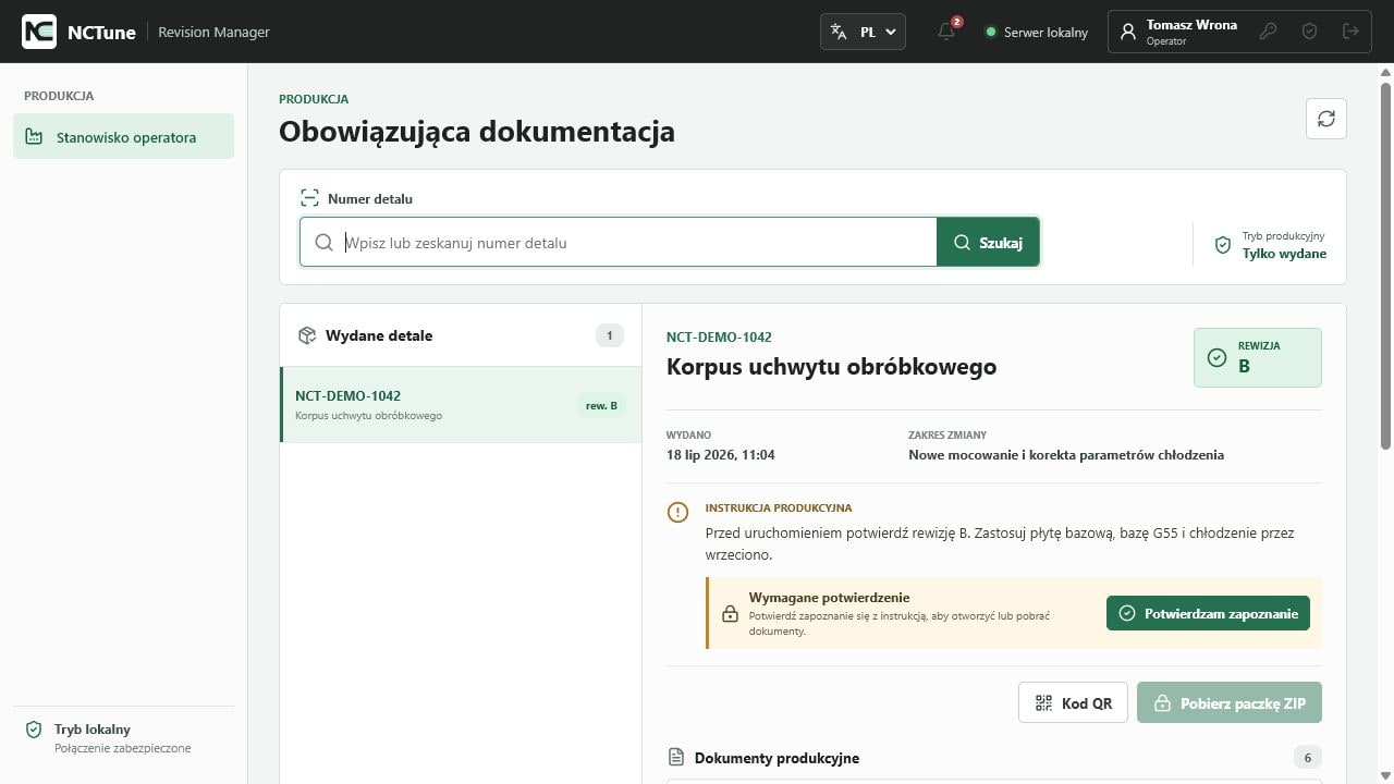 Widok operatora z obowiązującą rewizją i wymaganym potwierdzeniem instrukcji
