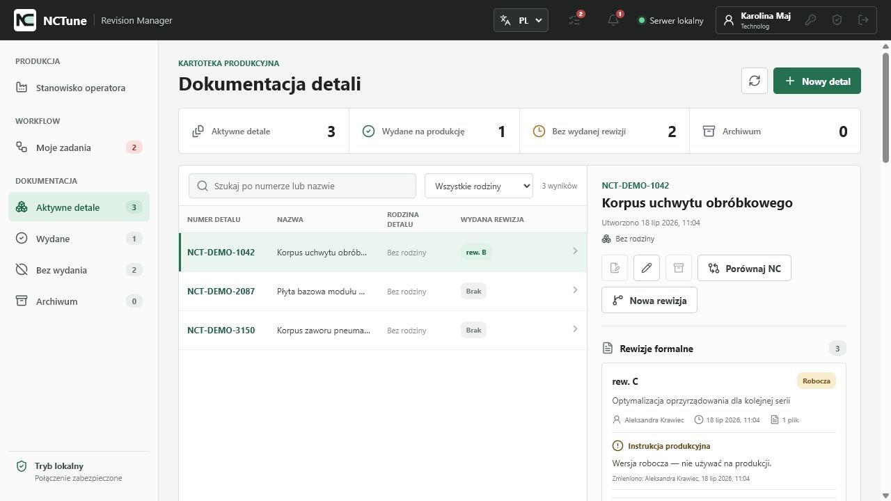 Rejestr detali i rewizji w systemie NCTune Revision Manager