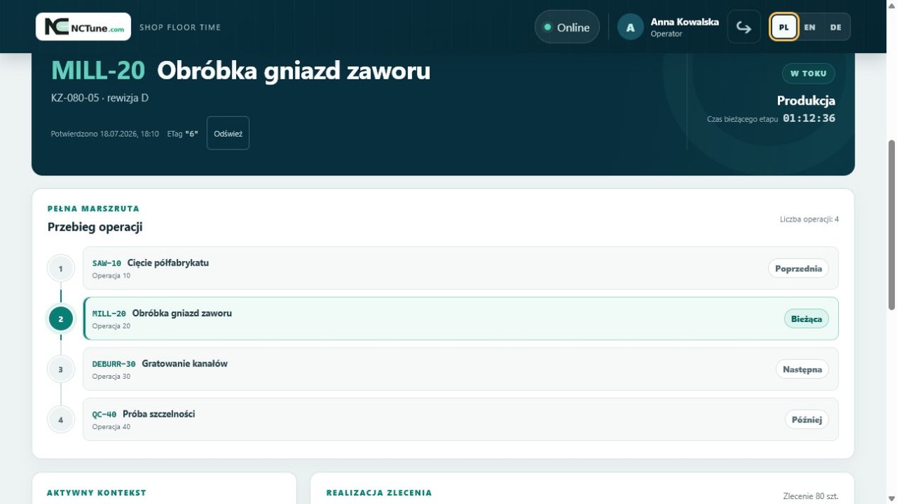 Terminal operatora z aktywną operacją, marszrutą i raportowanymi ilościami