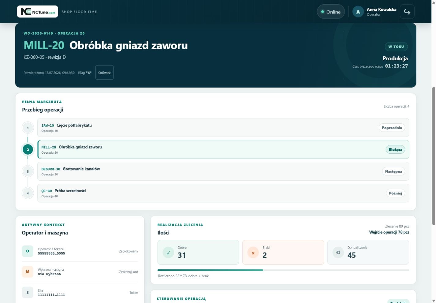 Operator terminal with an active operation, route and reported quantities